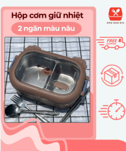 Hộp cơm giữ nhiệt 2 ngăn màu nâu hình gấu