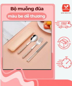 Bộ muỗng đũa màu be dễ thương kèm hộp