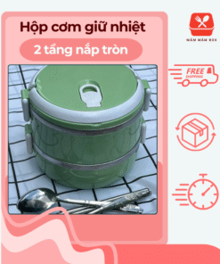 Hộp cơm giữ nhiệt 2 tầng nắp tròn xanh pastel