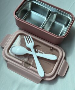 Hộp Cơm Giữ Nhiệt 2 Ngăn Hồng Phấn Kèm Thìa Nĩa