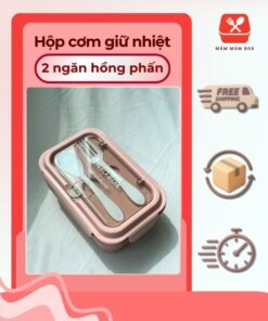 Hộp Cơm Giữ Nhiệt 2 Ngăn Hồng Phấn Kèm Thìa Nĩa