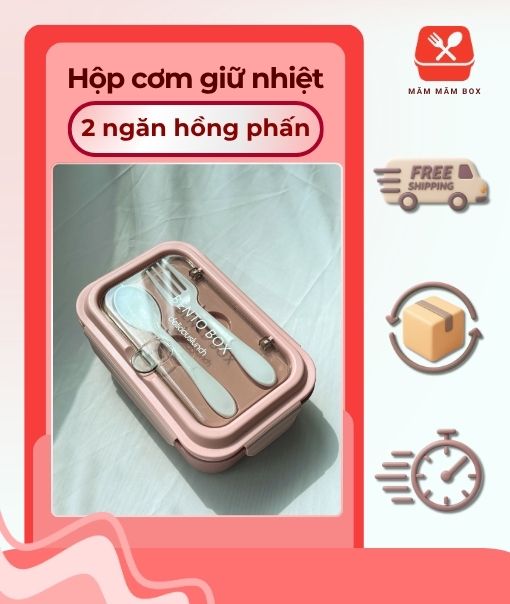 Hộp Cơm Giữ Nhiệt 2 Ngăn Hồng Phấn Kèm Thìa Nĩa
