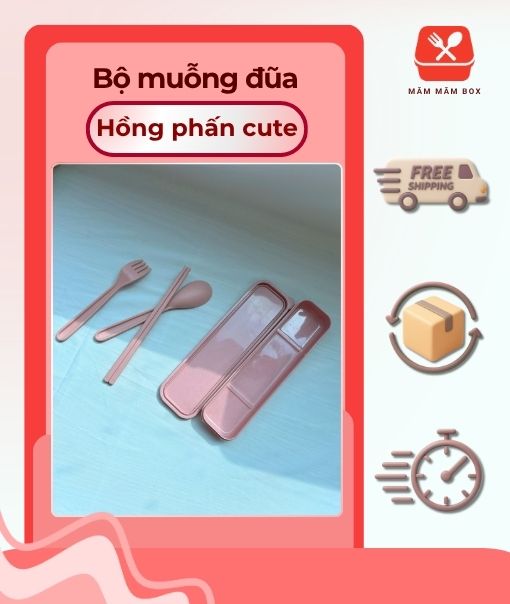 Bộ Muỗng Đũa Hồng Phấn Cute Có Hộp Đựng