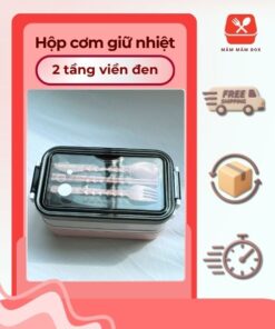 Hộp Cơm Giữ Nhiệt 2 Tầng Viền Đen Kèm Thìa Nĩa