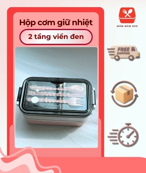 Hộp Cơm Giữ Nhiệt 2 Tầng Viền Đen Kèm Thìa Nĩa