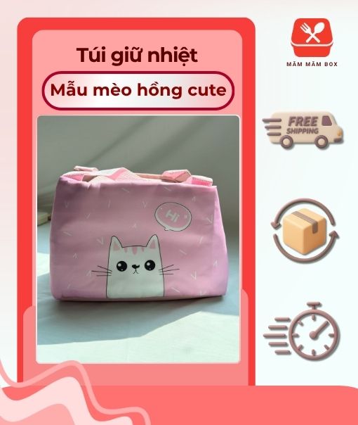 Túi Giữ Nhiệt Mẫu Mèo Hồng Cute Đáng Yêu
