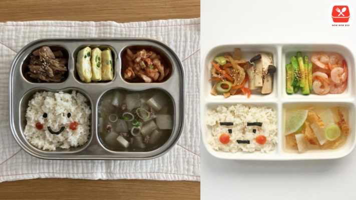 Đừng quên bổ sung đầy đủ cơm, thịt, rau xanh và trái cây cho bé nhé