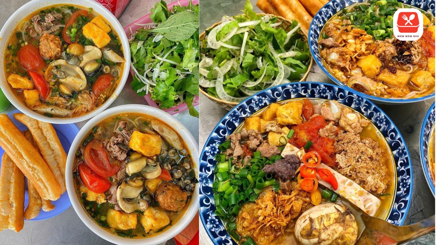 Hướng dẫn chuẩn bị nguyên liệu làm món bún ốc với ốc bươu tươi sạch, đậu hũ chiên và rau thơm thanh mát.
