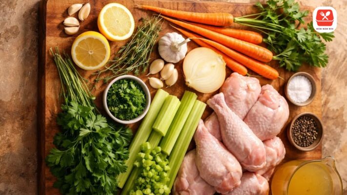 Chuẩn bị nguyên liệu tươi sạch là bước đầu tiên để có được nồi súp gà thơm ngon, ngọt nước tự nhiên.