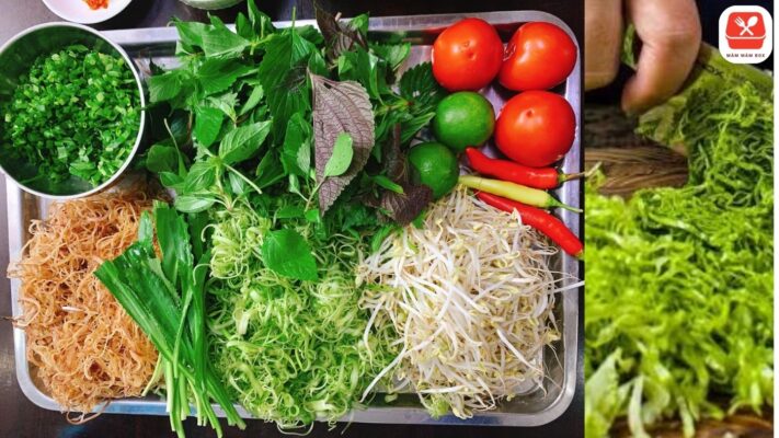 Rau ăn kèm bún riêu xanh tươi đầy đủ các loại rau thơm xanh 